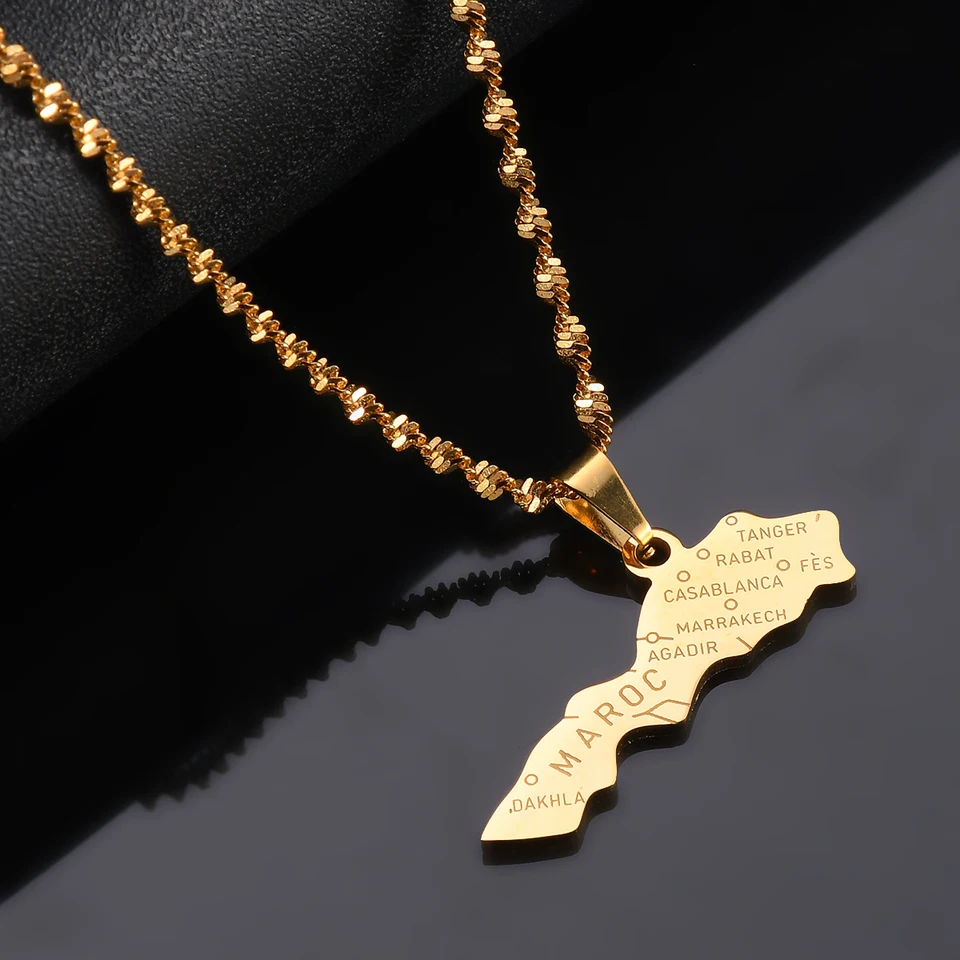 Collane con Ciondolo Mappa del Regno del Marocco,Mappa del Marocco con Collana di Amuleto con Motivo A Bandiera,Regalo di Anniversario per Feste in Stile Hip-Hop Unisex,Argento,Catena da 45 Cm