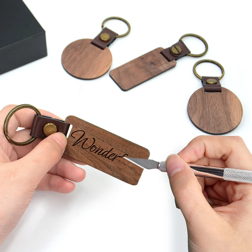 1/2pcs Blanks Wood PU Leather Key Chains Wooden Keychain Laser