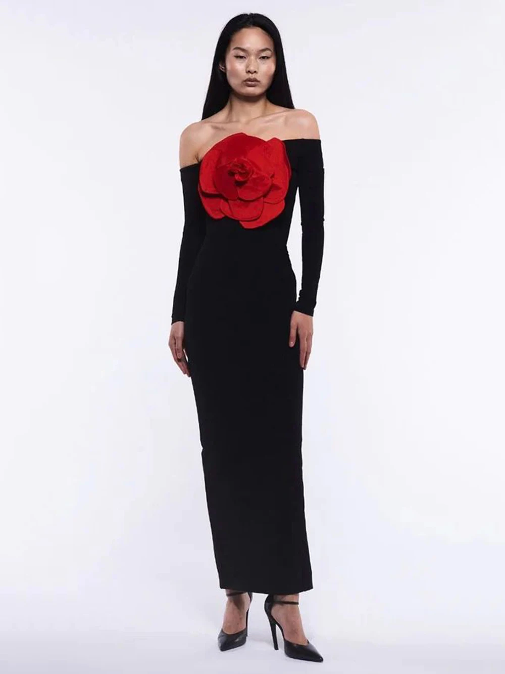 

2023 Autumn Women's Sexy Black Slash Neck Off Shoulder Long Sleeve Flower Back Maxi Bodycon Celebrity Club Party Evening Dress