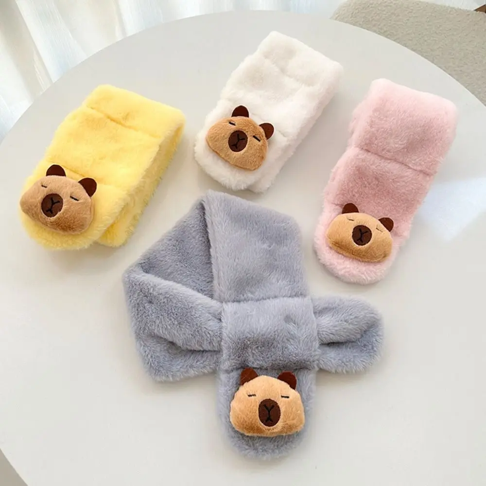 New Winter Children's Cross Scarf Plush Solid Color Capybara Scarf Boys Girls Thickened Warm Neckerchief Wrap Kids