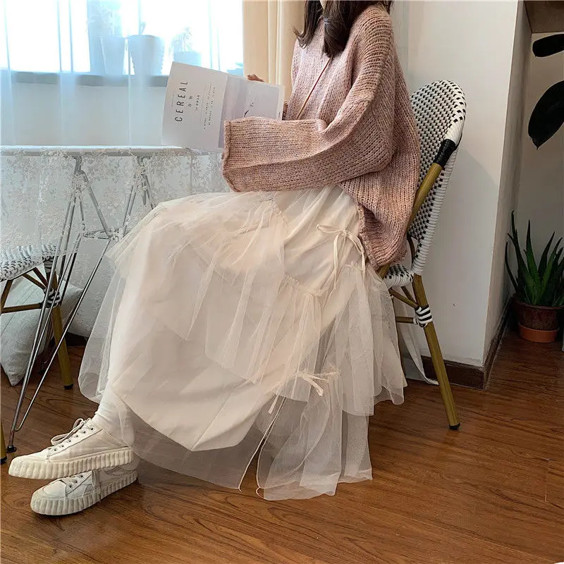 Sweet Net Yarn All-match Half Skirt Spring Autumn New High Waist Solid Pleated A-line Cake Skirt Elegant Fashion Women Clothing