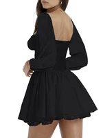 Womens Square Neck Ruffles Mini Dress with Lace-Up Corsets Belt Flared Long Sleeve Vintage Floral A-Line Swing Dresses - Image 4