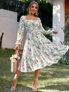 Simplee Floral slash neck long sleeve ruffle print summer dress women Holiday beach belt vestido Square collar elastic dresses