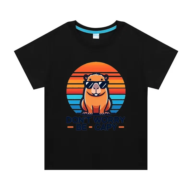 Boy Short Sleeve DON'T WORRY BE CAPY Funny Print Capybara T-shirt Crewneck Tee Tops for 2-15 Kids Value Cotton 2024 Summer New 4
