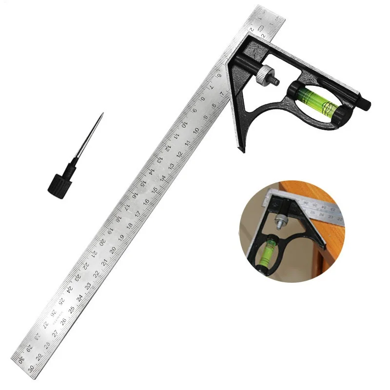 300mm Try Square Set Precise Stainless Steel Measuring Tool Combination Square Right Angle Workshop Carpenter Angle Level Ruler stainless steel ruler,ruler set,metal ruler,straight ruler,triangle ruler