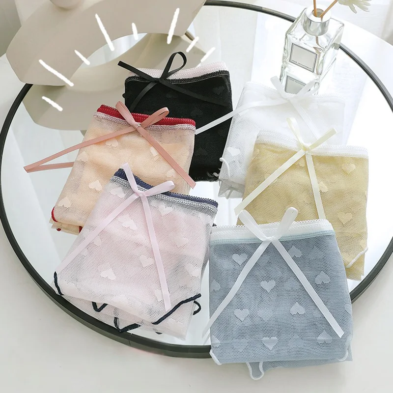 

Женские трусики в японском стиле, газовое нижнее белье, сексуальные кружевные сетчатые хлопковые трусики с бантом, женские прозрачные трусы, нижнее белье