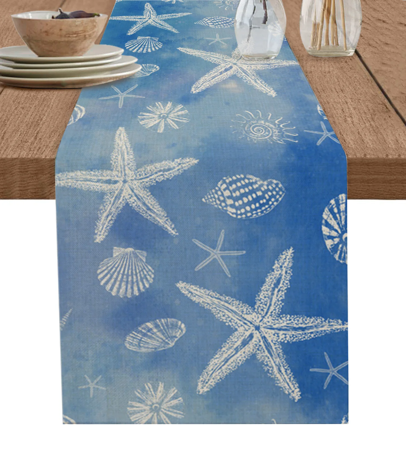 

Ocean Retro Starfish Shell Table Runner Wedding Decor Table Cover Dinner Holiday Party Cotton Linen Tablecloth