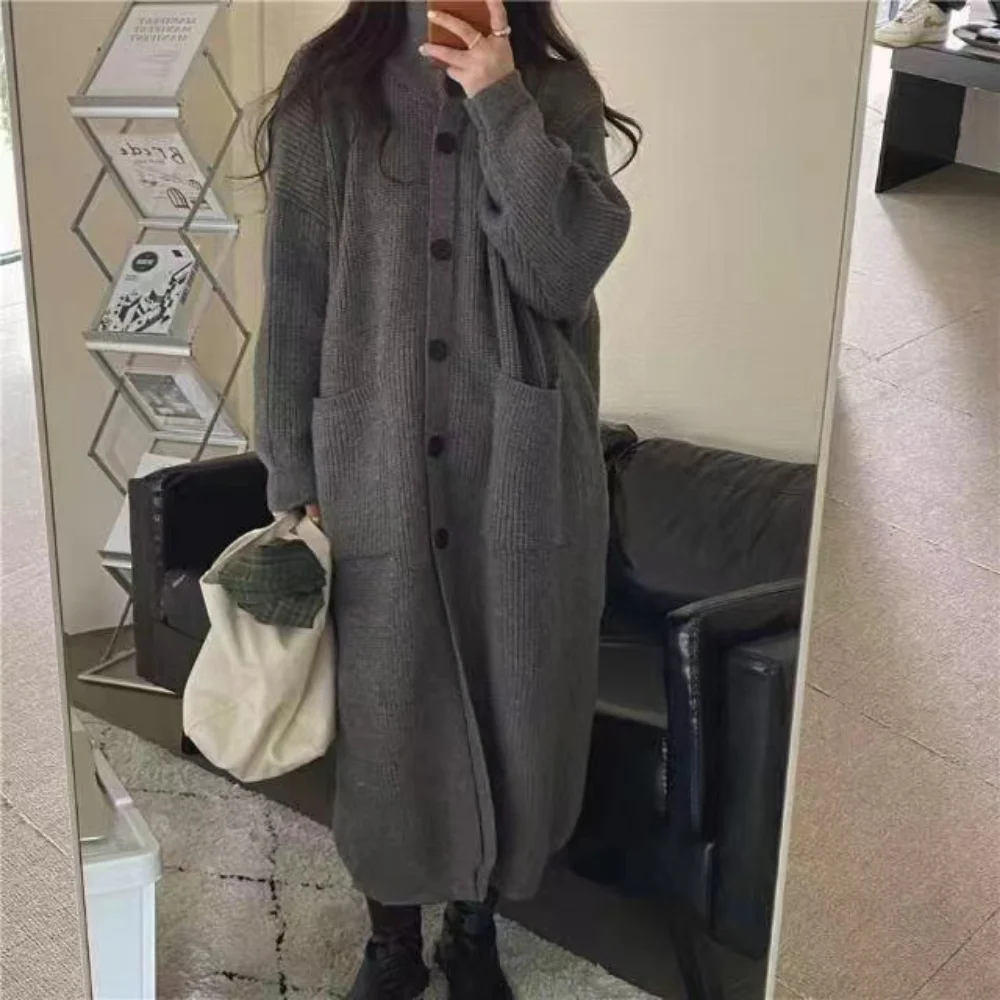 

UETEEY 2023 Autumn New Style Lazy Loose Outer Top Thickened Stand-up Collar Knitted Cardigan Women's Mid-length Sweater Coat