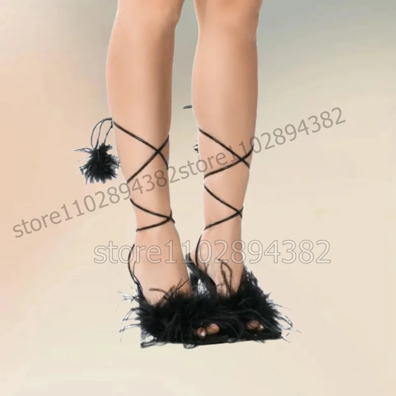 

Black Feather Decor Open Toe Twine Sandals Lace Up Women Shoes Thin High Heels Novel Fashion Banquet 2023 Zapatos Para Mujere