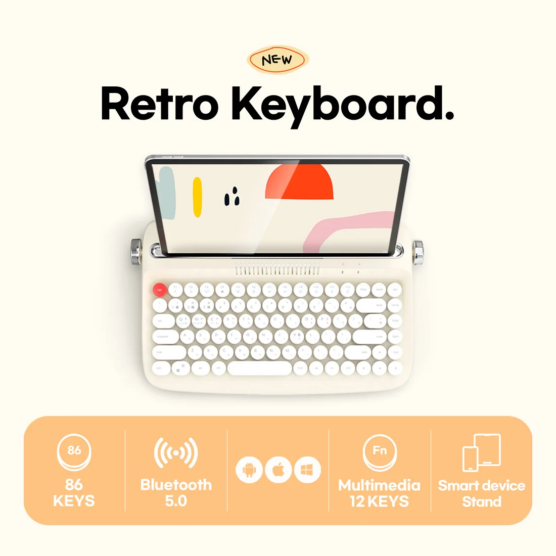 Tablet PC Bluetooth Wireless Office Typewriter Feel Keyboard Stylish Retro Round Keycap English
