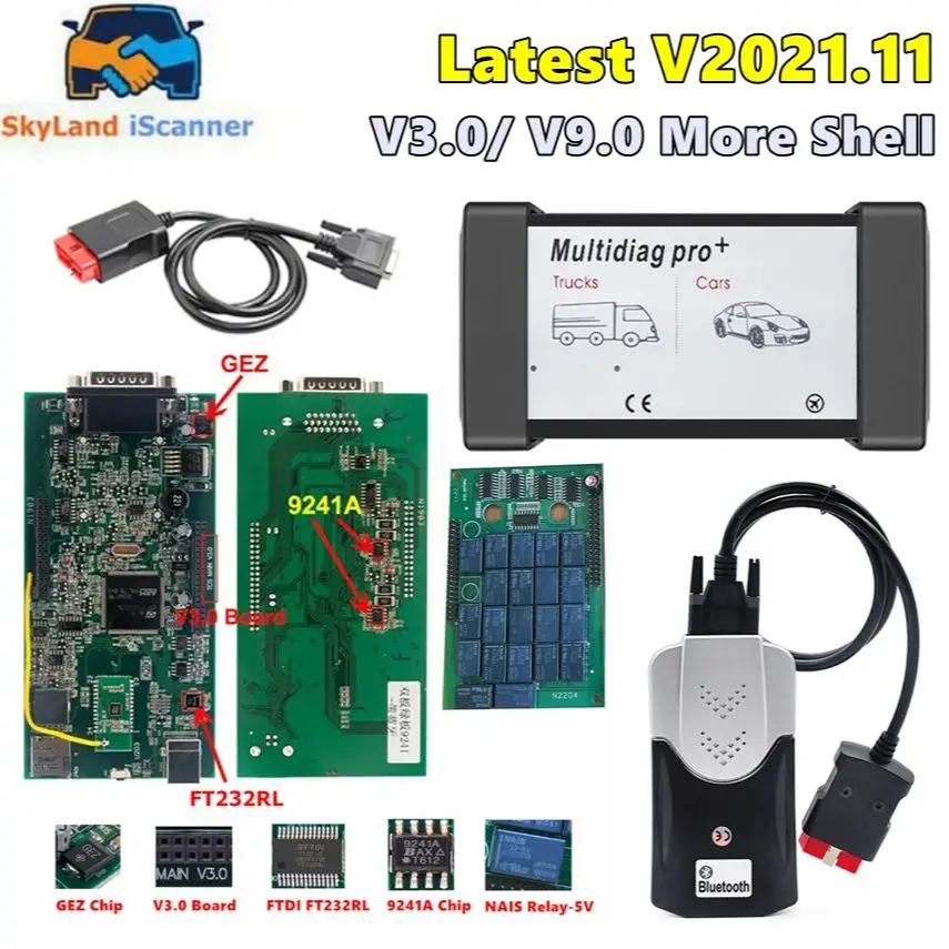 Multidiag Pro+ .R3 .11 .23 BT USB V3.0 V9.0 Dual Green PCB Board TCS PRO+ Red Blue NEC Relays Car Diagnostic Scanner