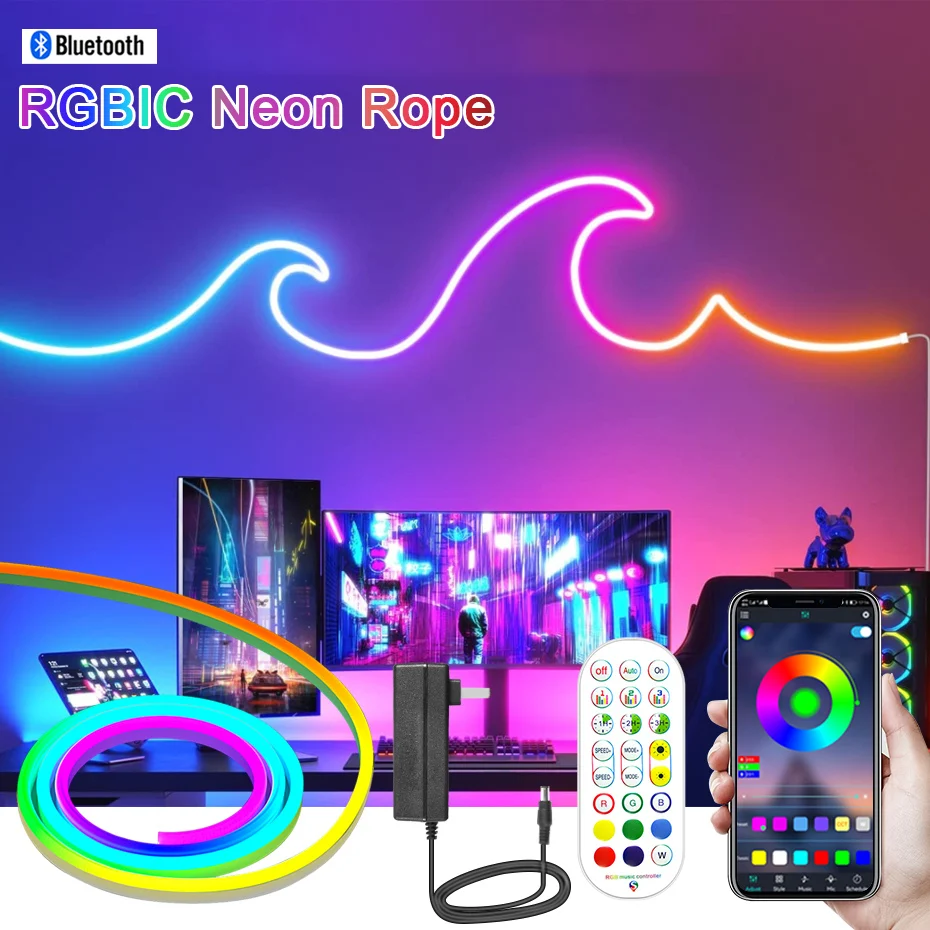 Умная Bluetooth RGBIC неоновая Светодиодная лента 5 м, 10 м, 12 В, водонепроницаемая RGB IC полноцветная светодиодная неоновая лампа, строка с синхронизацией музыки, декор для игровой комнаты