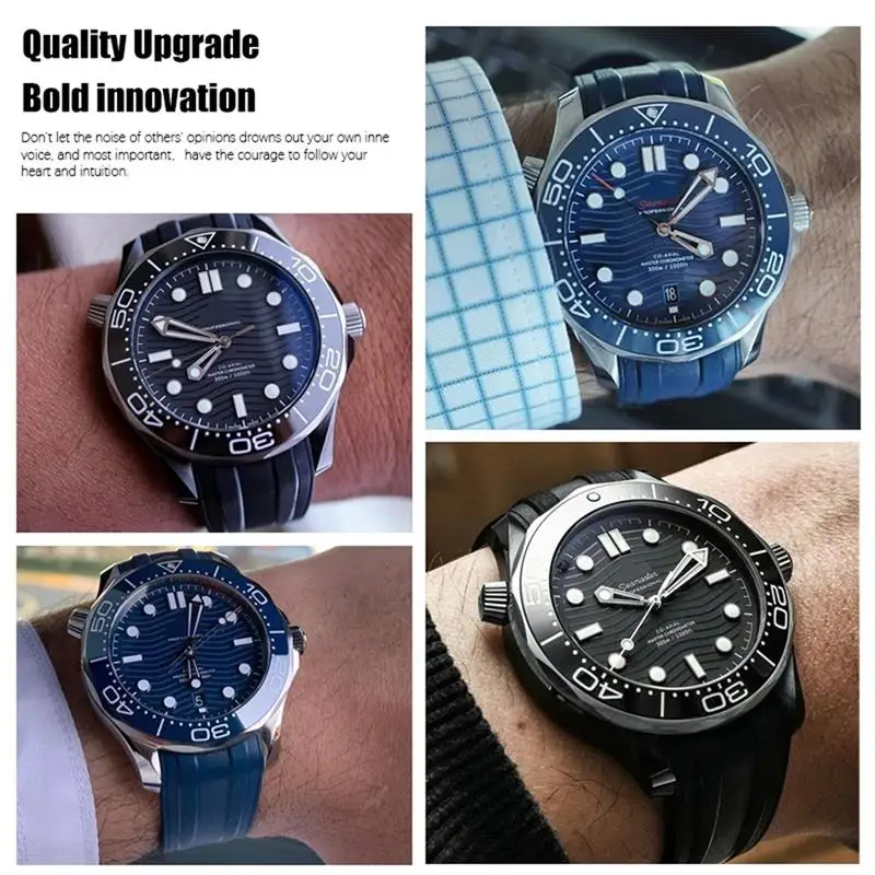 SCHIK 20mm 21mm 22mm Fluorous Rubber Silicone Watch Band Belt Fit For Omega New Seamaster 300 Black Blue Soft Strap