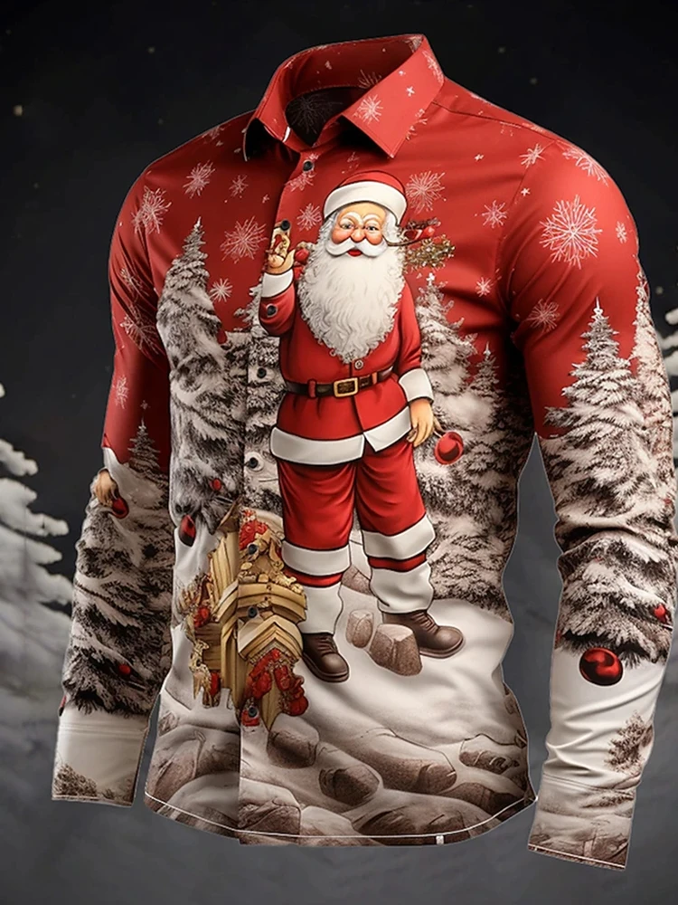 thumbnail image 1 of Camisa cómoda de manga larga con estampado de Papá Noel para uso diario, para salir, otoño e invierno, informal, para hombre, 1 of 5