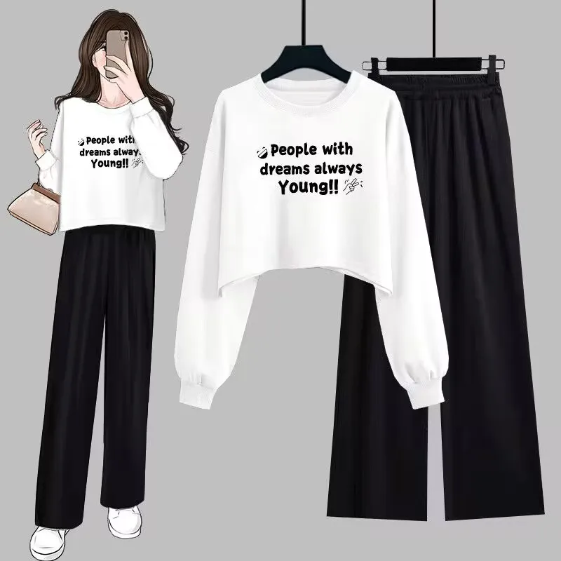

2023 Spring Autumn Fashion Women Letter Sweatshirt Wide Let Pants 2 Pcs Set Korean Lady Casual Simple O-Neck Top Trousers Outfit