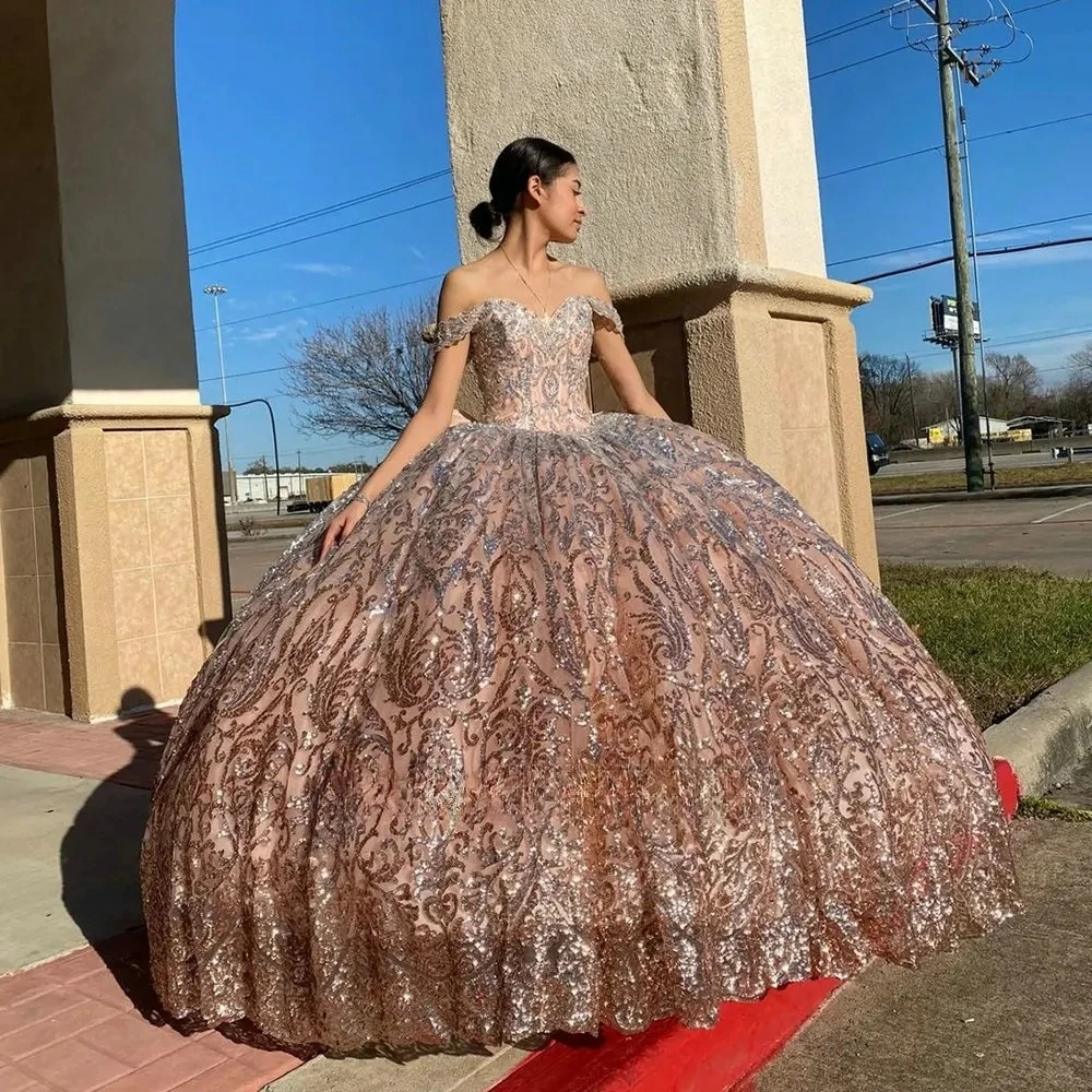 

Sparkle Princess Quinceanera Dresses Ball Gown Off The Shoulder Sequins Lace Sweet 16 Dresses 15 Años Mexican