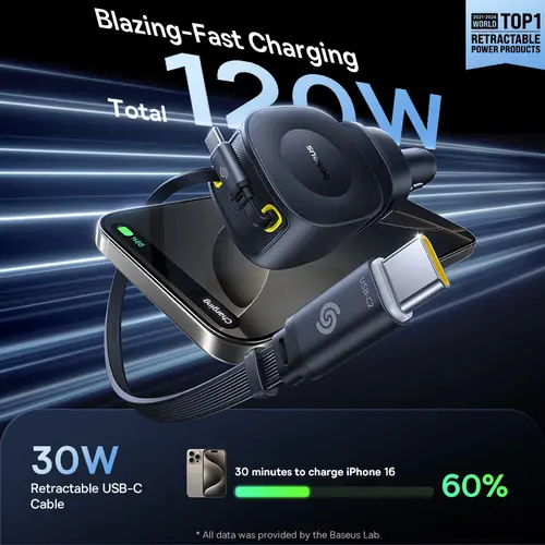 Baseus Car Charger 60W 100W 30W 240W 4 ports Built in Dual Retractable Cable PD Fast Charging USB Type-C Car Phone Charger - Image 2