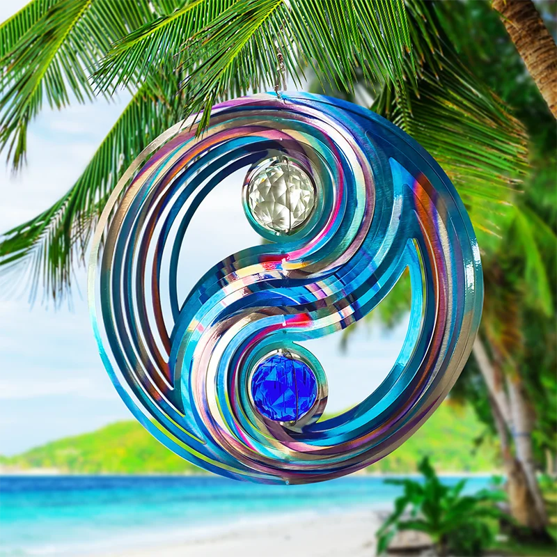 PSATHENATI Wind Spinner Double pearl crystal 12in 3D Stainless Steel Art Geometric Pattern Hanging Kinetic Yard Art Decorations