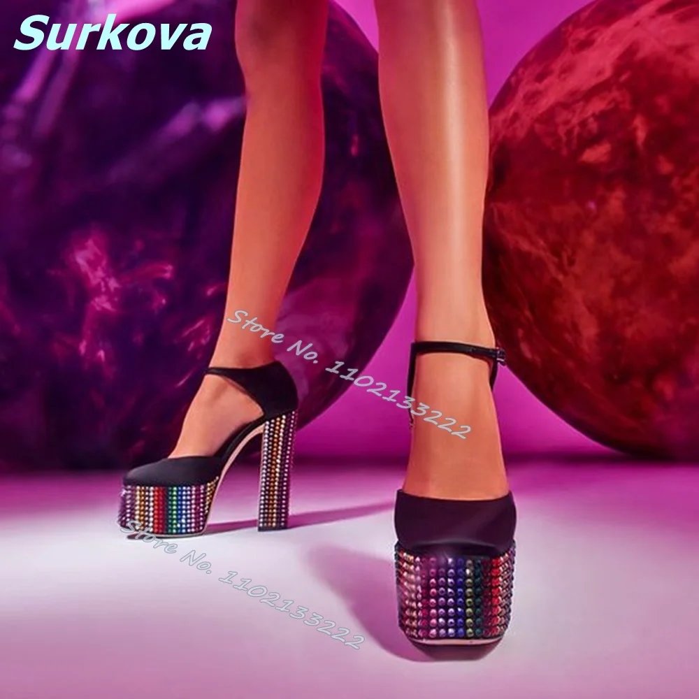 

Colorful Rhinestone Platform Pumps Square Toe Buckle Strap Chunky High Heels Summer Fashion Elegant Women Shoes Party Catwalk