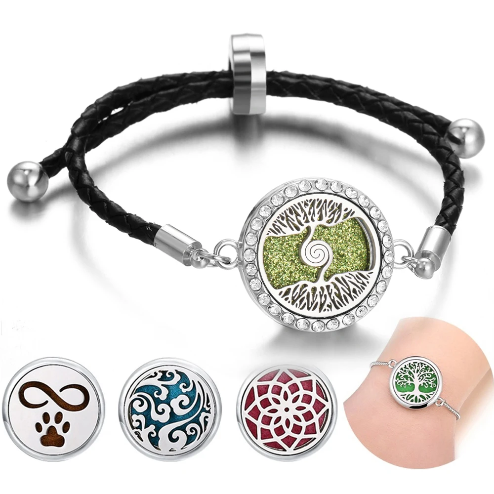 Black Leather Aromatherapy Bracelet Women Men Tree Wing