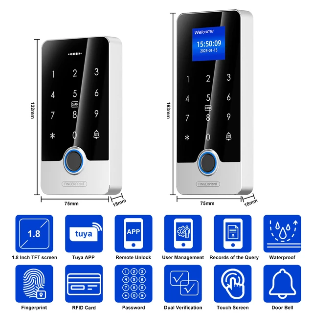 Tuya APP Door Lock Access Control System Kits With 1.77In Screen Bluetooth Keyboard Fingerprint RFID IC Card Reader Metal Keypad 2