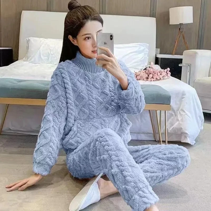 

Женский зимний теплый пижамный комплект, удобный однотонный жаккардовый утепленный свободный флисовый пуловер с длинным рукавом, комплект из 2 предметов