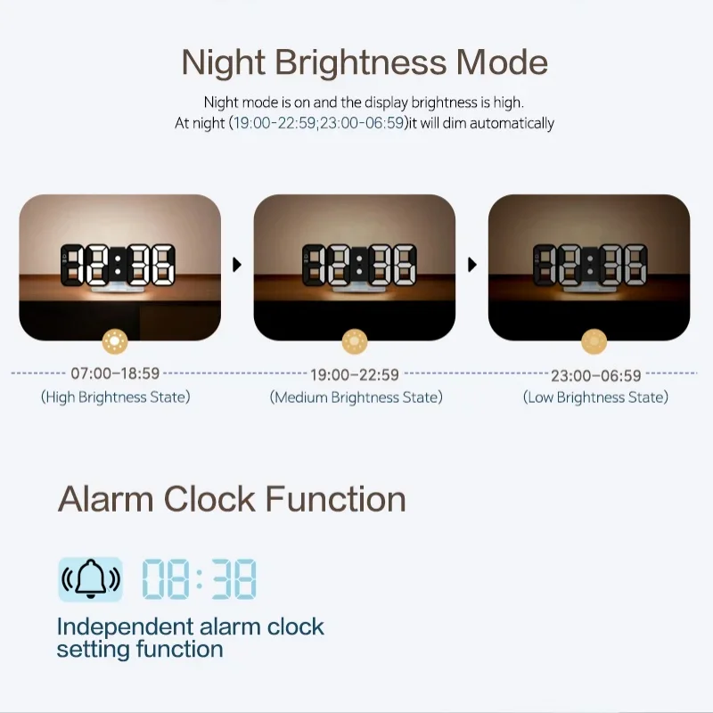 3D RGB Digital Wall Clock Mood Light Night Mode Touch Snooze Table Clock 12/24H Power-off Memory LED Alarm