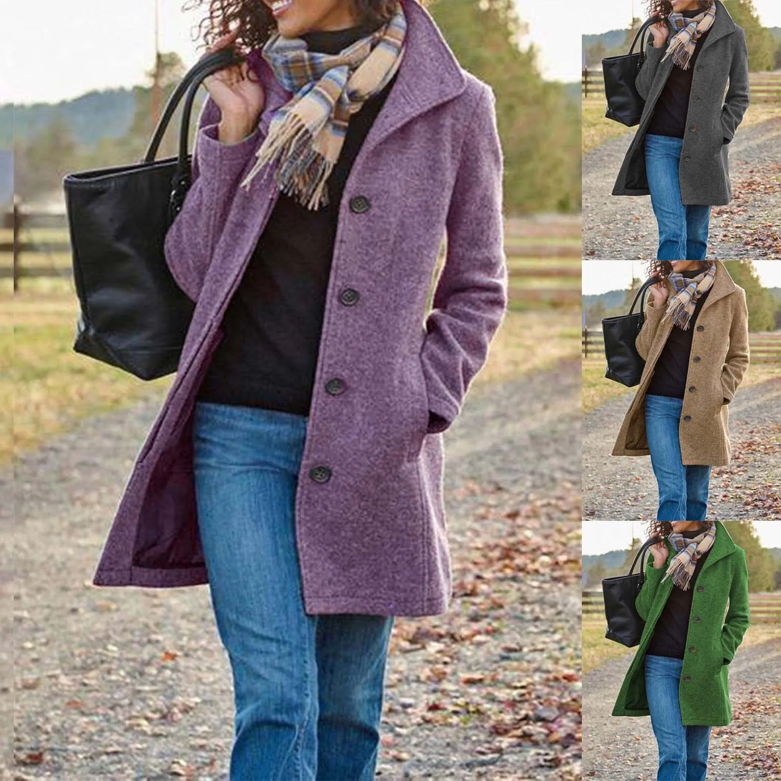 

Women's Autumn And Winter Fashion Solid Color Retro Mid Length Button Cardigan Jacket