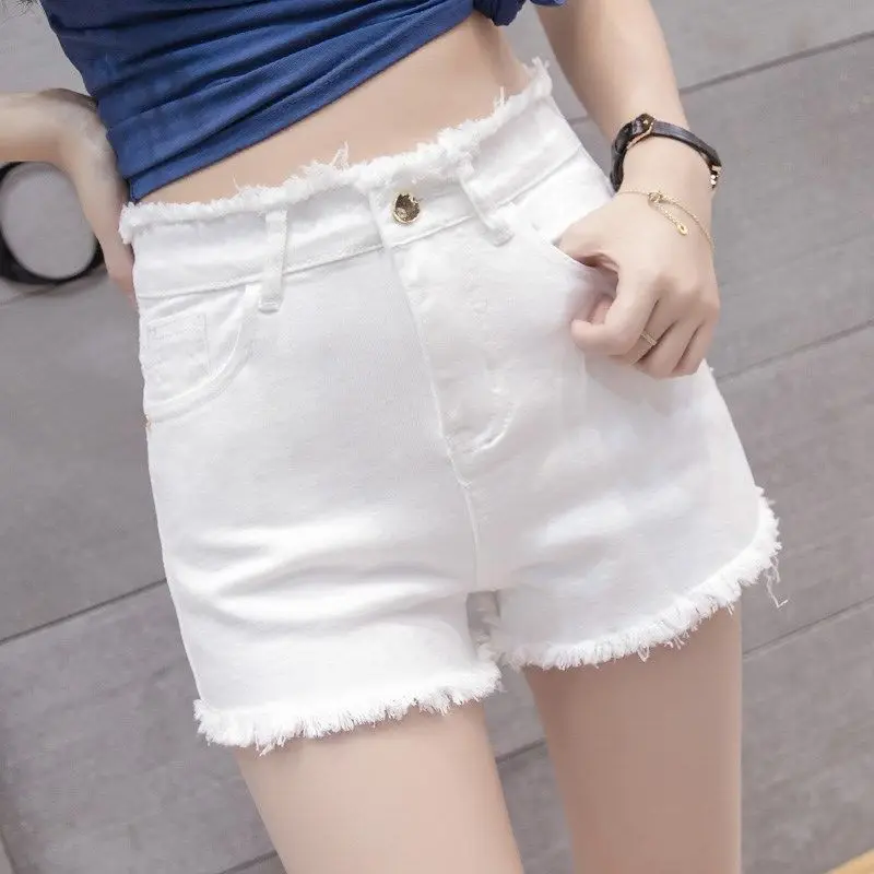 

2022 Summer New White High-waisted Denim Shorts Women's Holes Are Thin and Tight Stretch Super Short Hot Pants