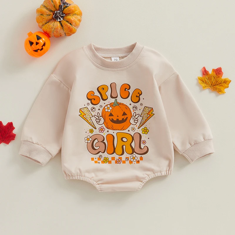 

2023-08-07 Lioraitiin 0-24M Infant Baby Girls Halloween Bodysuit Crewneck Long Sleeve Pumpkin Letter Print Loose Playsuit