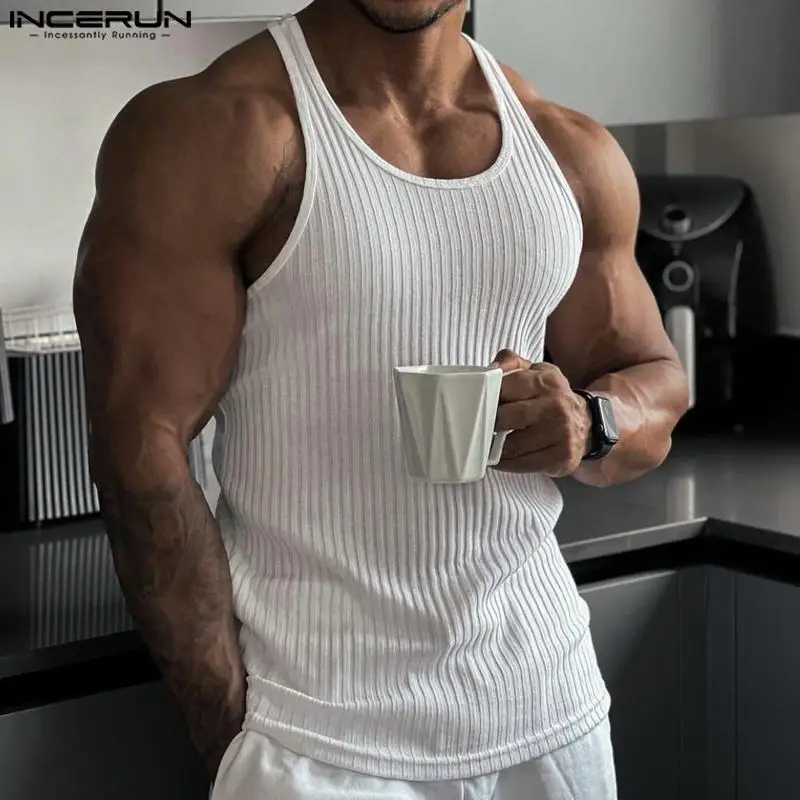 

INCERUN Tops 2024 American Style New Men's Knitted Vertical Striped Vests Casual Solid Simple O-neck Sleeveless Tank Tops S-5XL