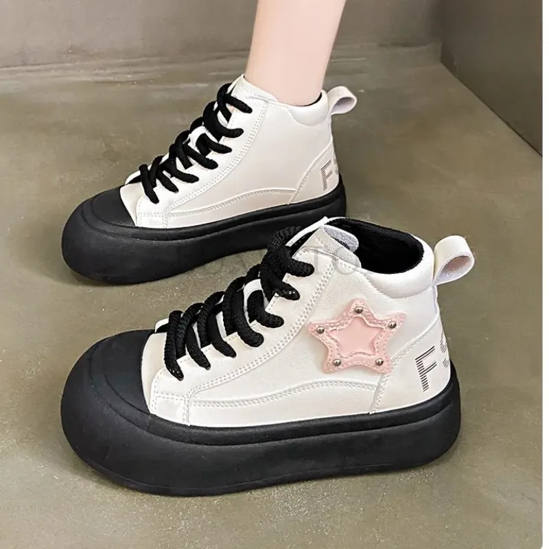 

Cowhide High Top Sneakers Women Autumn Winter Casual Vulcanized Shoes Genuine Leather Ladies Court Sneakers Lace Up