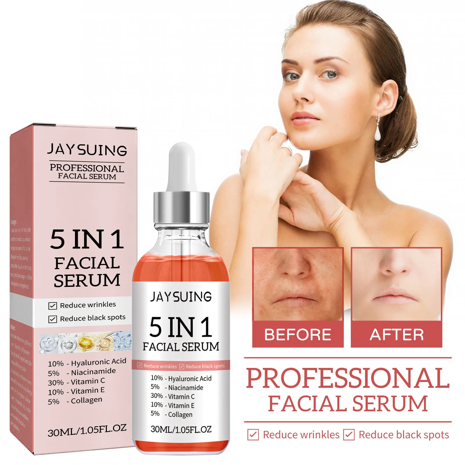5 In 1 Face Serum Moisturizing Hyaluronic Acid Anti Wrinkle Aging Vitamin C Whitening Facial Serum Shrink Pores Skin Care 30ml 2