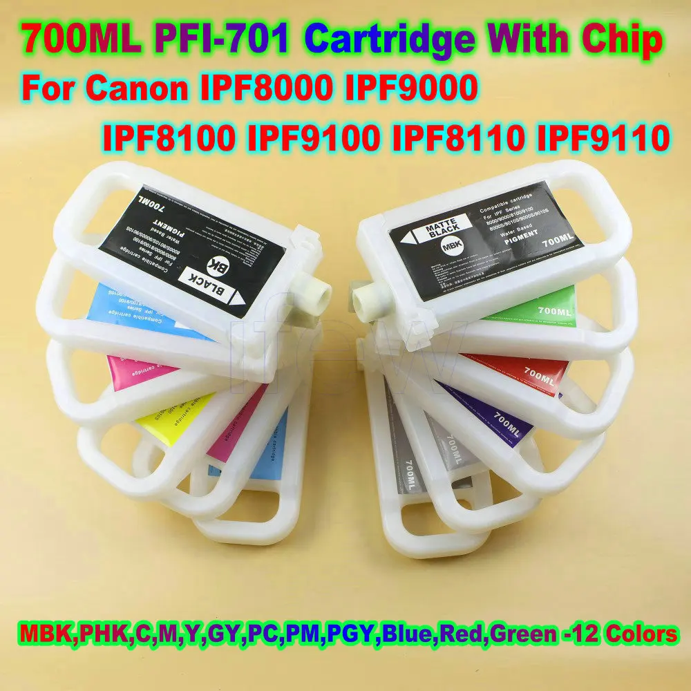 PFI701 프린터 카트리지 Canon IPF8000 IPF9000 IPF8100 IPF9100 IPF8110 IPF9110 부품 용 칩이있는 PFI 701 잉크 카트리지 탱크