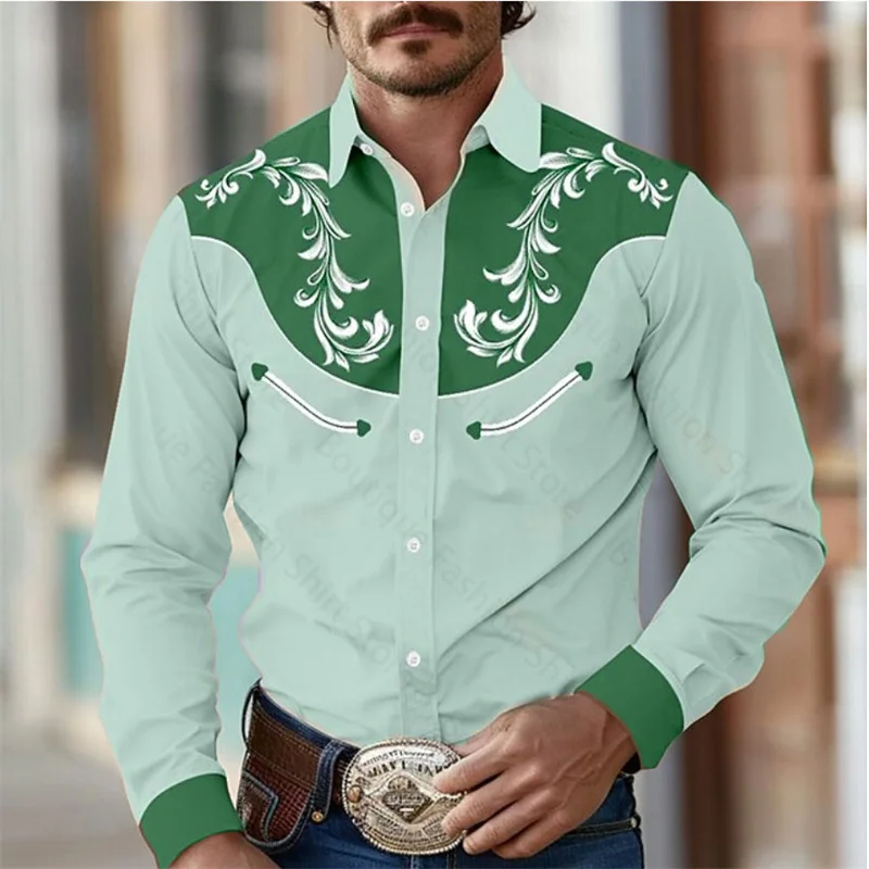 thumbnail image 1 of Camisa de hombre estilo occidental retro con estampado floral, informal, para exteriores, calle, uso diario, primavera y verano, con solapa, manga larga, tallas S-5XL, camisa de tela elástica, 1 of 5