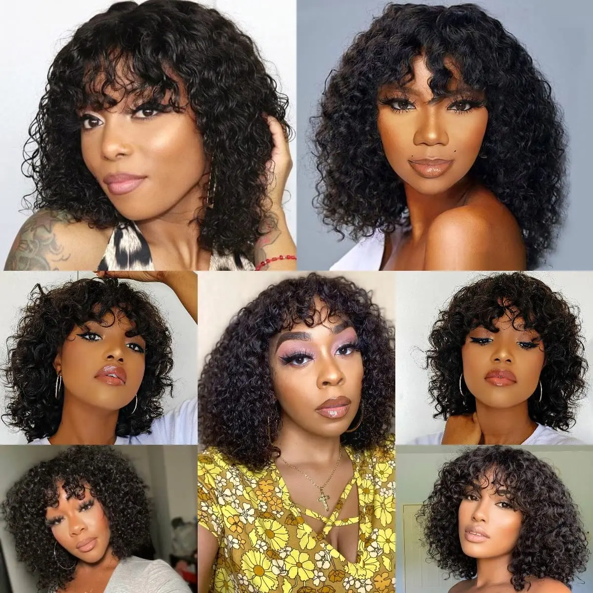 Short Kinky Curly Bangs Wig For Women 180% Density Jerry Curly Human Hair Wig With Bangs Machine Made Wig Brazilian Remy Hair