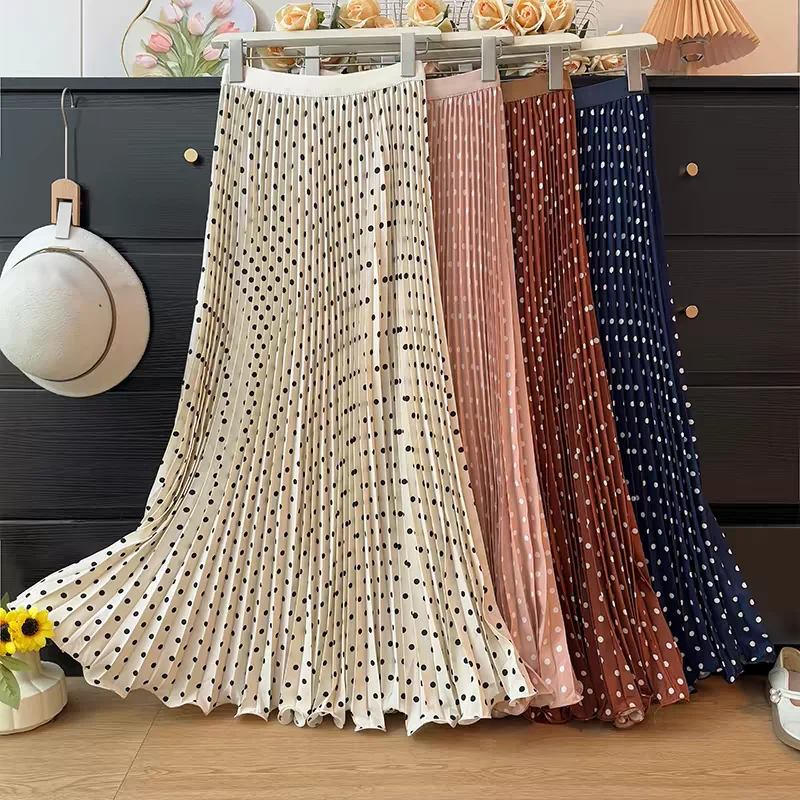 Spring Summer Tall Women's High Waist Pleated Skirt - Korean Elegant Ruffle Trim Flared Maxi Skirt with Wide Hem