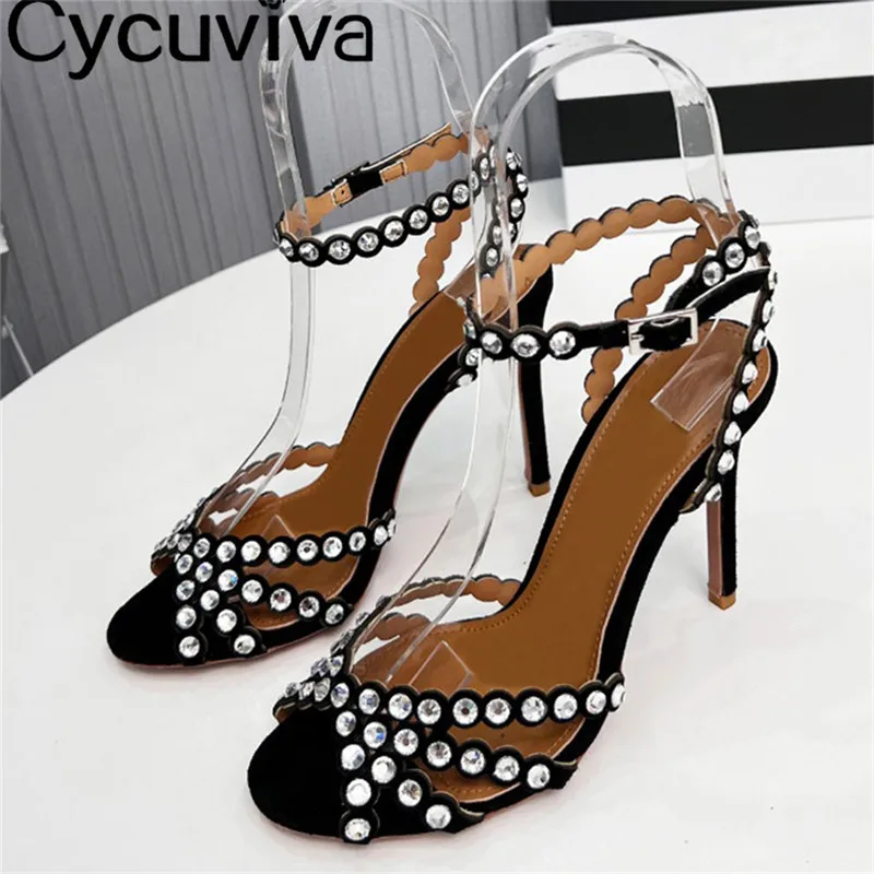 

Women's High Heels Rhinestone Sandals Peep Toe Polka-dot Crystal Banquet Shoes Summer Runway Ankle Strap Hollow Women Sandals