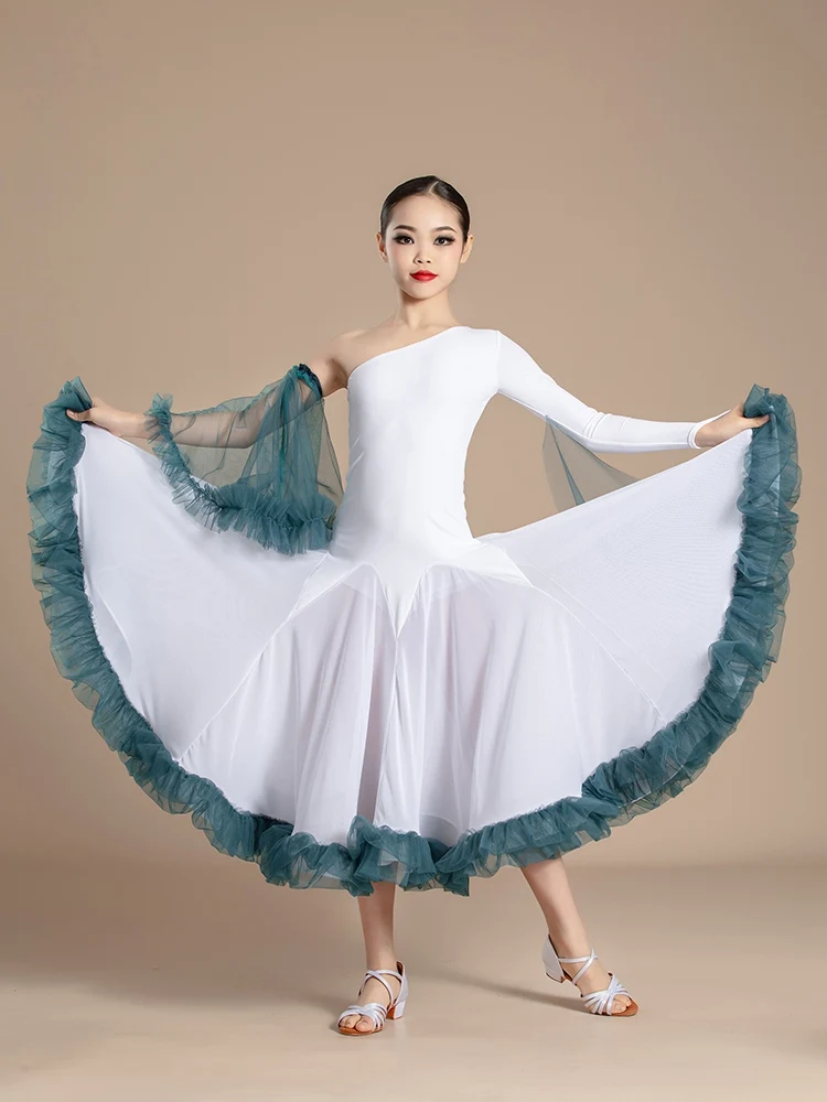 Girls One-Sleeve Ballroom Dance Dresses Standard Dancing Performance Costume Children Waltz Tango Dance Dress