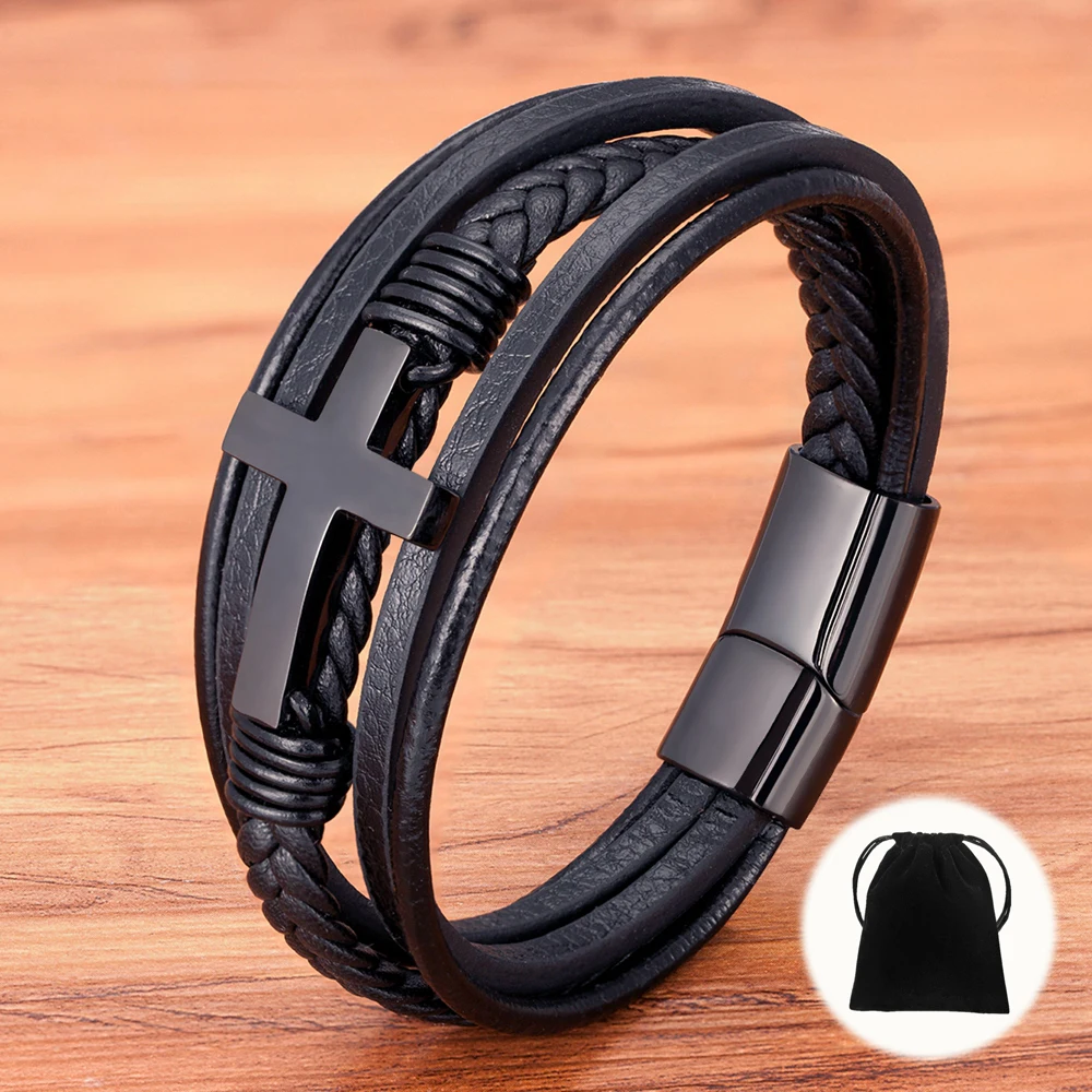 

XQNI Cross Design Classic Stainless Steel Men Leather Bracelet 19/21/23 cm Choose Handsome Men's Christmas Gifts With Velvet Bag