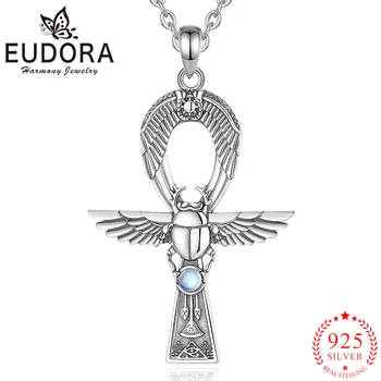 Eudora 925 Sterling Silver Ancient Egyptian Ankh Gigcoil Necklace Moonstone Rune Pendant Men Women Personality Jewelry Gift
