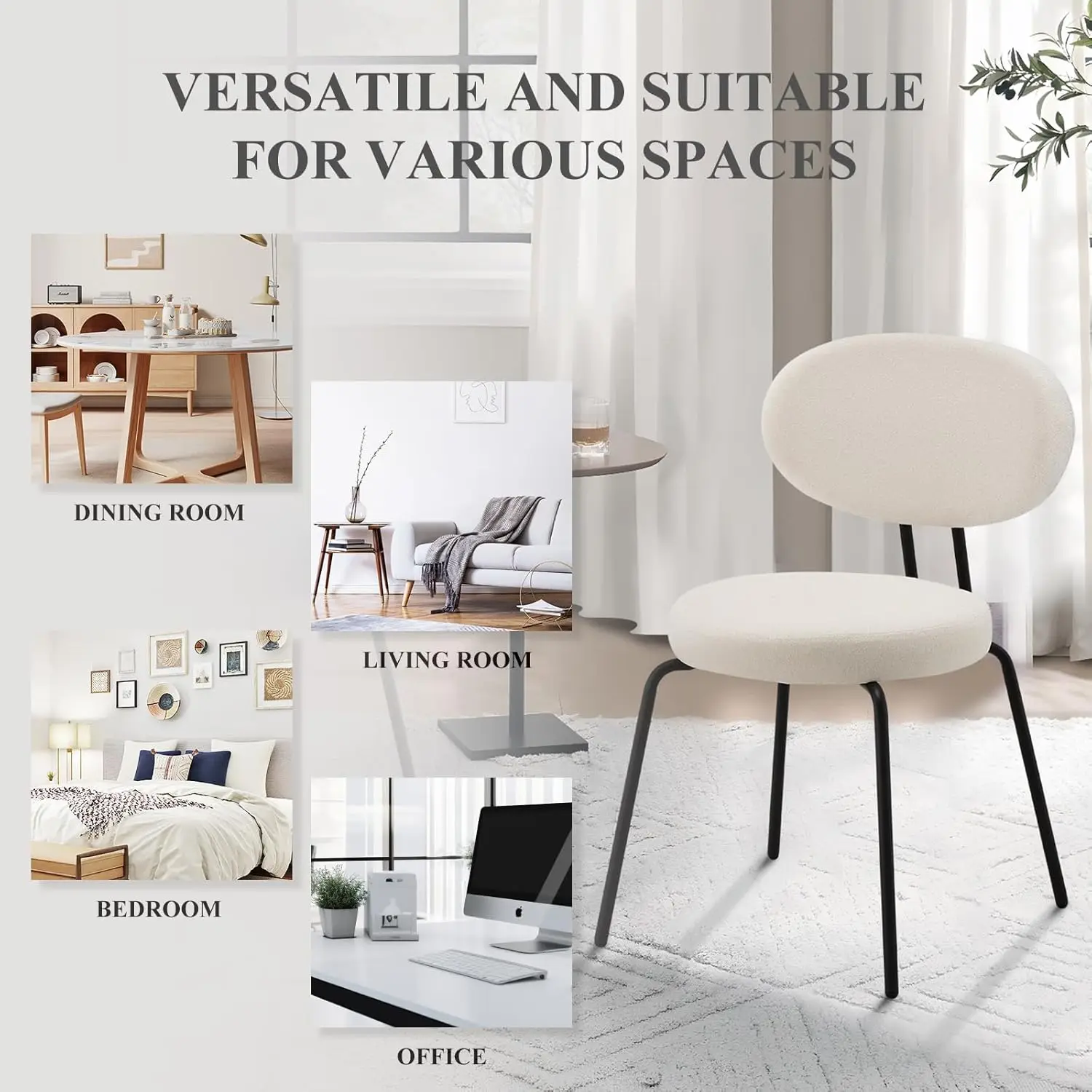 Modern Dining Chairs Set of 2. Mid Century. Upholstered. Curved Backrest. Round Seat. Black Legs. Cream.