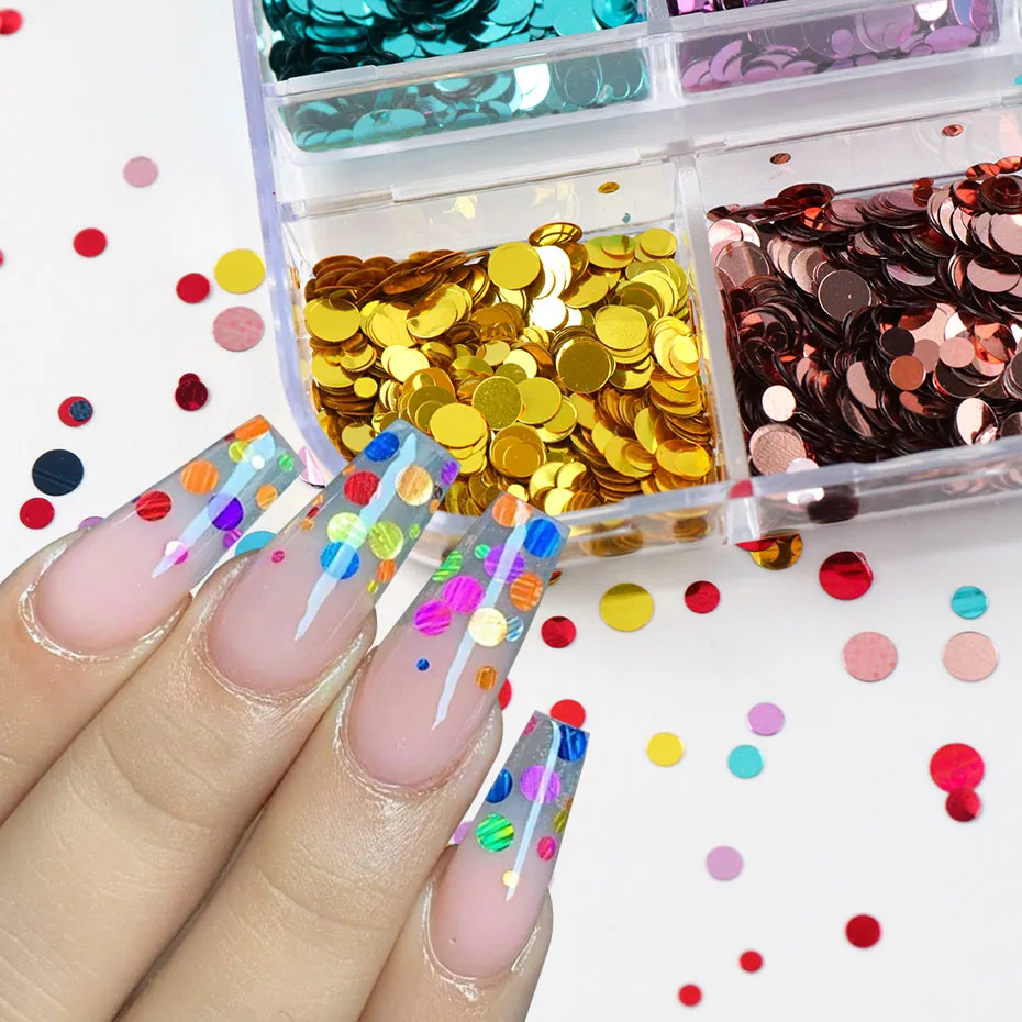 Colorful Polka Dots Nail Glitter Flakes - Shiny Metallic Circle Nail Sequins 12 Grids Set