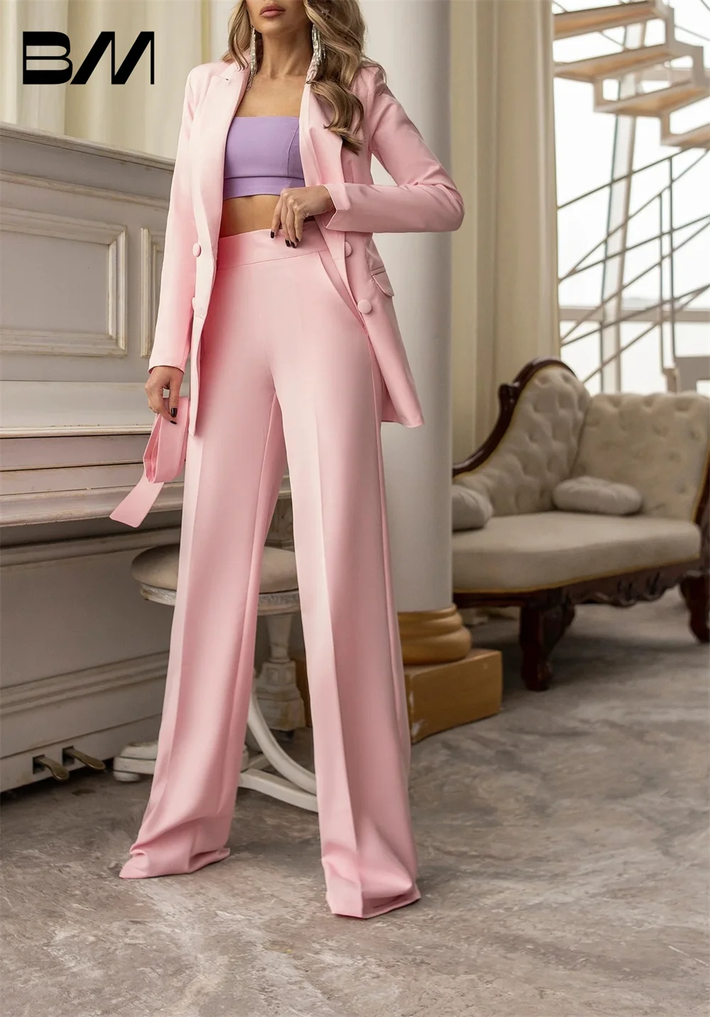 Fashion Pink Double Breasted Women Elegant Pantsuits Jacket Pants with Suit Ladies Trousers and Jacket Set Custom Made