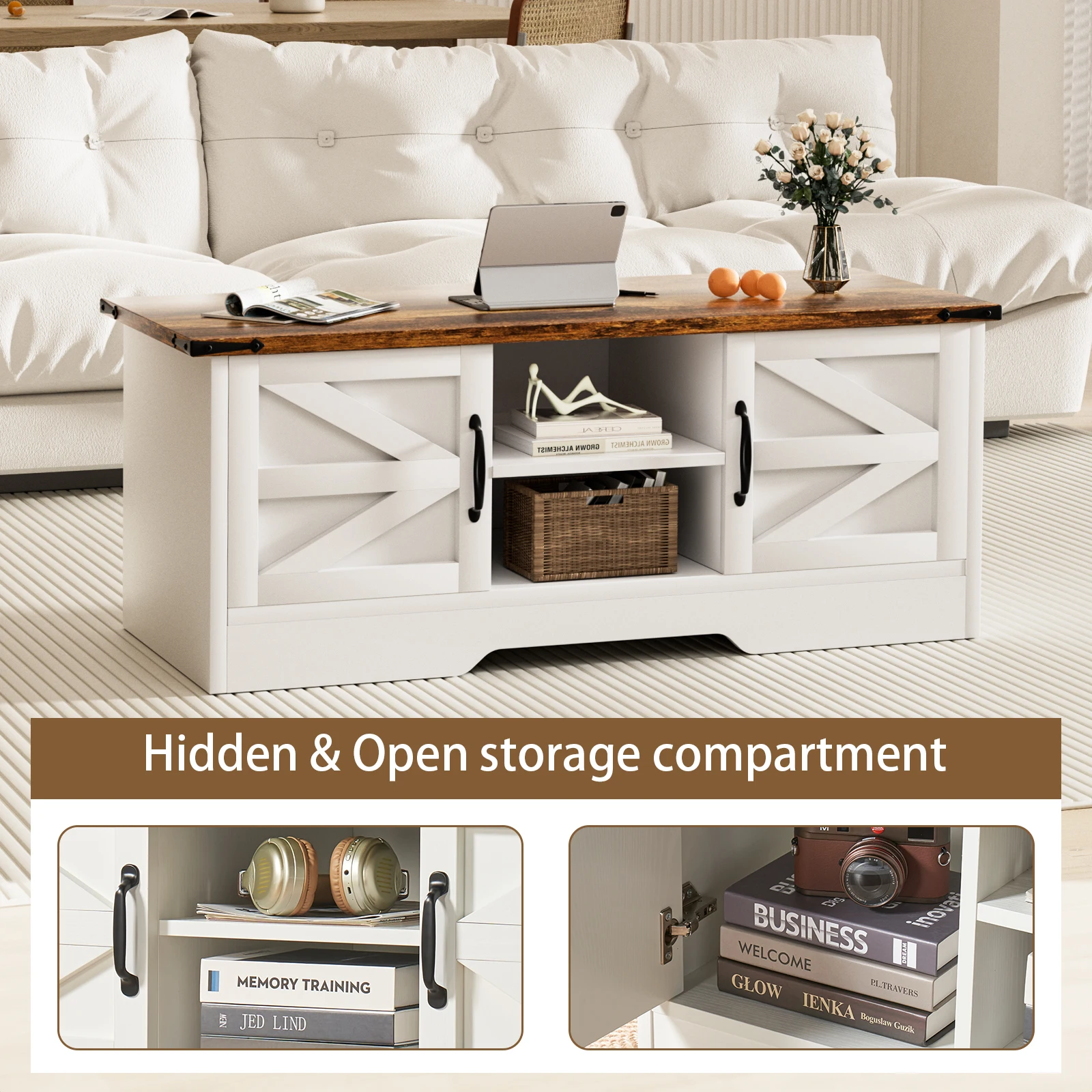 Coffee Table Farmhouse Center Table With Storage Living Room Table White