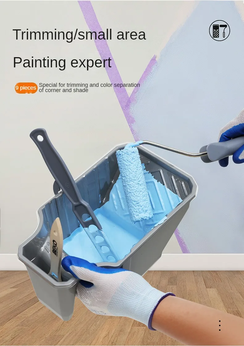 9pcs Paint Roller Brush Set Home Wall Painting Tray Roller Set Paint Brush Handheld Cup Bucket Combo Trimming Tools