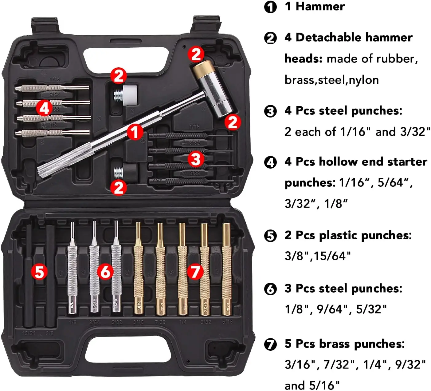 Firearm Punching Tools Detachable Heads Hammer Brass Steel Punch Solid Non-Deformed Material 21pcs