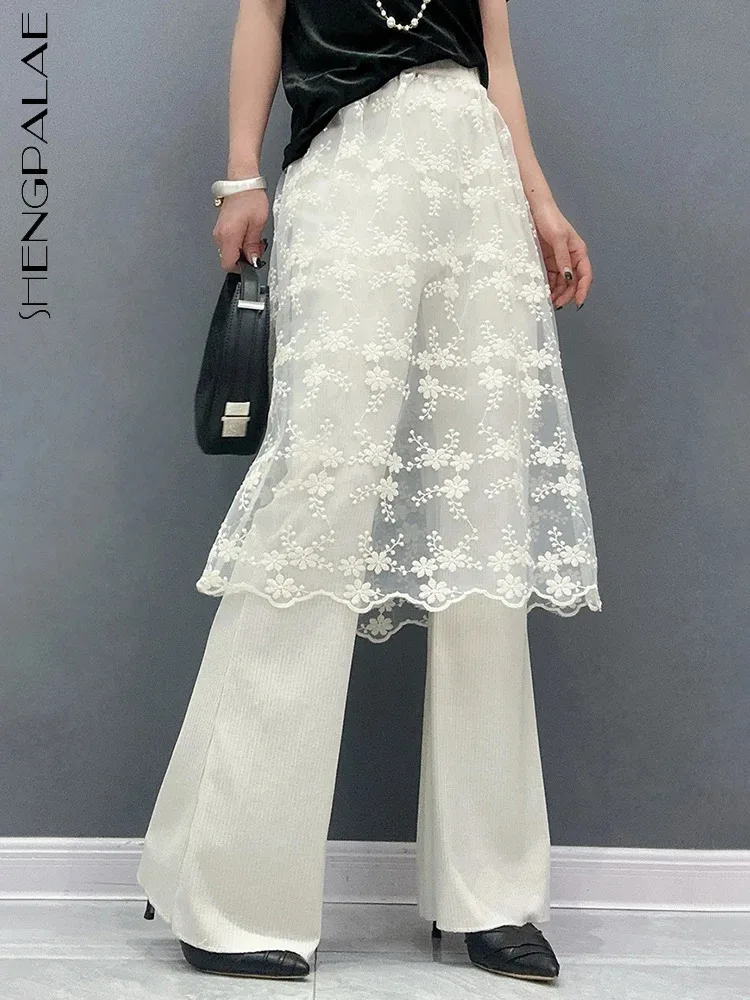 

SHENGPALAE 2024 Spring Summer New Women's Casual Pants Fake Two Piece Lace Spliced Skirt Wide Legs Pant Elegant Trousers 5R9834