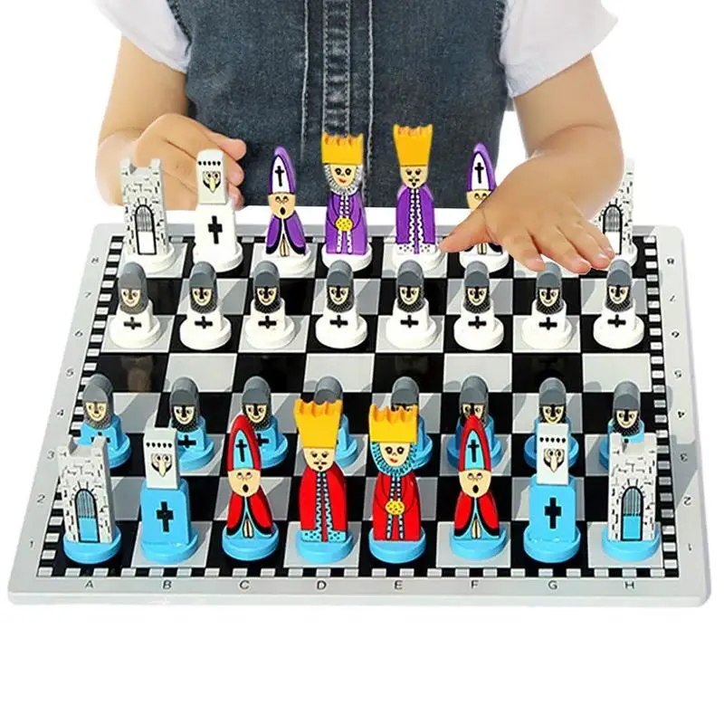 Cartoon Modeling Chess Toys Wooden Doll Chess Set Portable For Child Early Educational Board Games