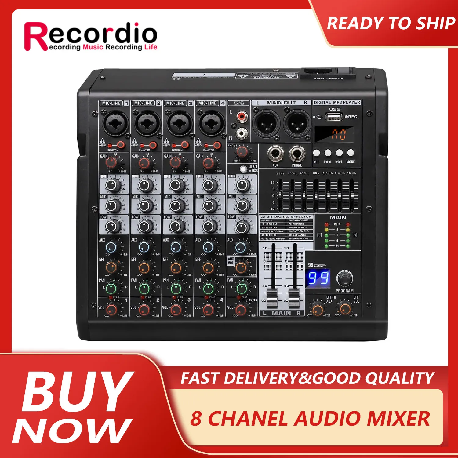 GAX-TDS6 Sound Mixer Professional 6 Channel Mixing Console 48V Phantom Power FX 99 DSP USB MP3 Player Headphone Jack For Stage